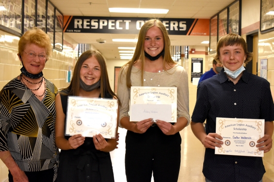 American Legion Auxiliary Scholarship - three awards of $500 each. From left: presenter Vicky Fick and recipients Kennedy Reckmann, Ashley Veronen, and Carter Wallerich.