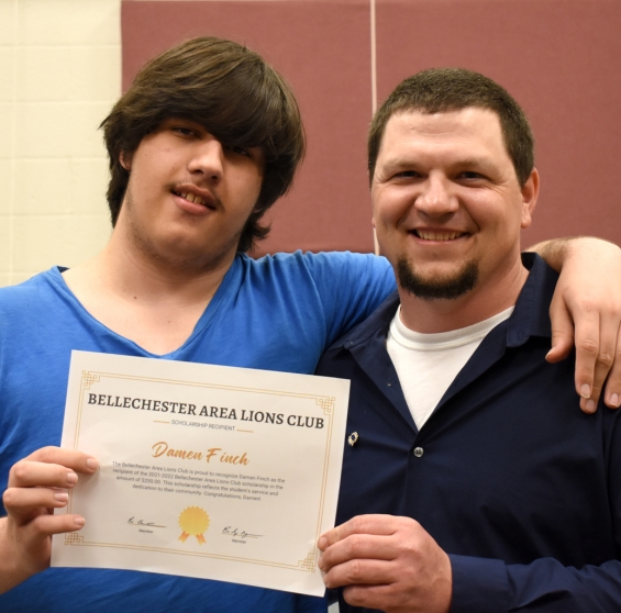 Bellechester Area Lions Club Scholarship. One $250 award. From left: recipient Damen Finch with presenter Peter Bartholome.