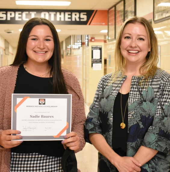Bernice Nichols Scholarship - $1,000. Recipient Sadie Baures (left) with presenter Emily Hawryluk.