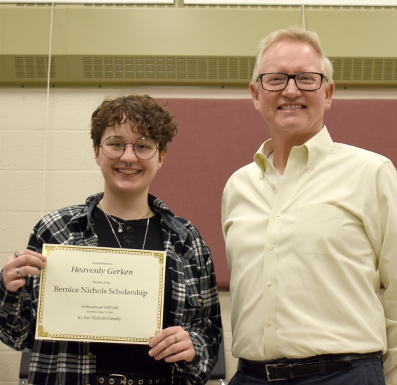 Bernice Nichols Scholarship. One $1,000 award. From left: recipient Heavenly Gerken with presenter Mark Nichols.