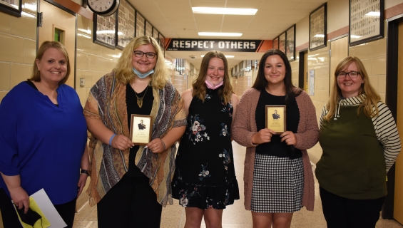 Fred Waring Director’s Award for Chorus Scholarship - three awards of $200 each. From left: presenter Carey Kopp, recipients McKenna Bremer, Kaylee Muenzhuber, and Sadie Baures, and presenter Cathy Carlson.