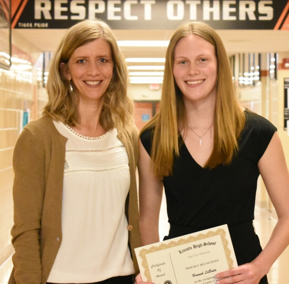 Goodhue County Cooperative Electric Scholarship - $500. Recipient Hannah LaBonte (right) with presenter Lynette Matzke.