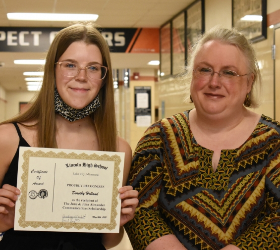 June and John Alexander Communications Scholarship - $1,200. Recipient Dorothy Holland (left) and presenter Candance Wait.