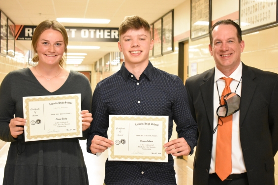 Lake City Masons Scholarship - two $1,000 awards. From left: recipients Olivia Bailey and Henry Likness, and presenter Greg Berge.