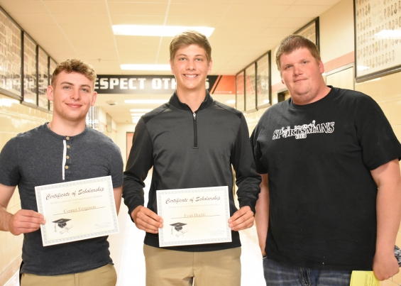 Lake City Sportsman’s Club Scholarship - two $500 awards. From left: recipients Conner Ferguson and Evan Huettl, and presenter Nick Majerus.