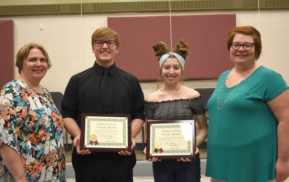 National School Choral Award. Two $500 awards. From left: presenter Becky Laqua, recipients Aiden Carlson and Jade Koehler, and presenter Amy Rogness.