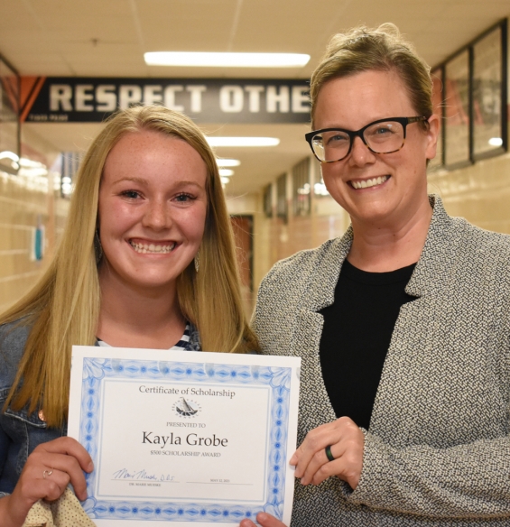 Pepin Valley Dental Scholarship - $500. Recipient Kayla Grobe (left) with presenter Dr. Marie Mueske.