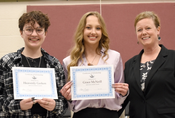 Pepin Valley Dental Scholarship. Two $500 awards. From left: recipients Heavenly Gerken and Grace McNeill and presenter Dr. Marie Mueske.