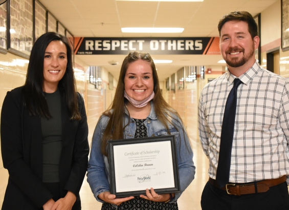 Perry Dental Scholarship - $1,000. Recipient CeCelia Braun (center) with presenters Dr. Ava Perry Line (left) and Dr. Joe Line.