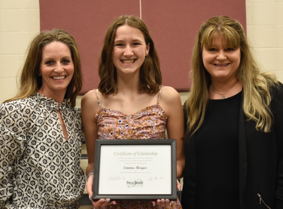 Perry Dental Scholarship. One $1,000 award. From left: presenter Rachelle Meyer, recipient Emma Berger, and presenter Loni Lane.