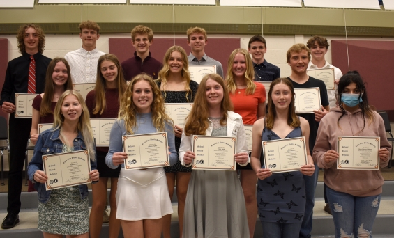 Ninth grade School Board Scholars are Eric Anderson, Adalai Benedict, Adison Cole, Allison Dykes, Willa Field, Abigail Goihl, Emily Heitman, Natalie LaBonte, Aaron Lou, Carter Lukes, Morgan Majerus, Alec McElmury, Matalynn Mears, Jack Meincke, Rosa Rivera Salguero, Weston Roberson, Jane Schmitz, Sydnee Stolzenberg, Carter West and Joshua Wohlers.