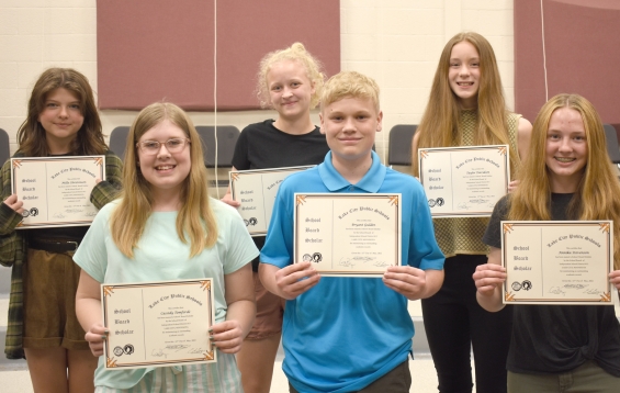 Seventh grade school board scholars are Milla Christensen, Taylor Davidson, Bryant Gulden, Greta Hadler, Annika Stevenson and Cassidy Tomforde.