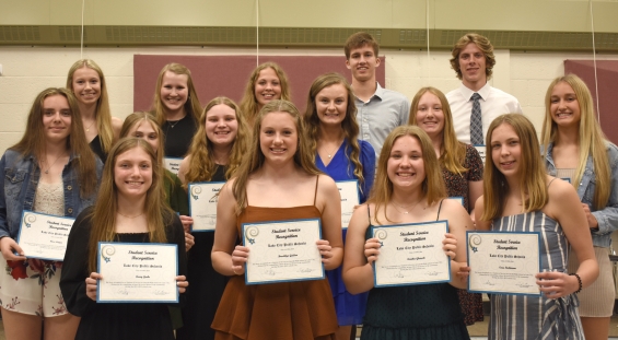 Student service recognition award winners were ninth grader Cora Reckmann, 10th graders Annika Glomski, and Brooklyn Gulden, 11th graders Macey Beltz, Emma Berge, Alyssa Fick, Avery Grobe, Resa Laqua, and Calah Lewis, and 12th graders Reese Anderson, Elizabeth Keller, Carson Matzke, Madeline Medvec, Hailey Reckmann, and Martha Weinrich.