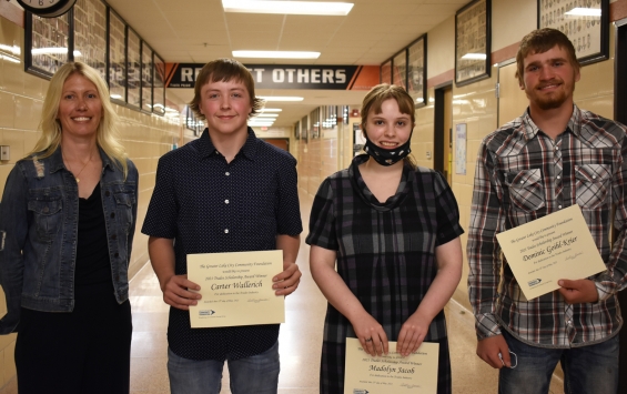 Greater Lake City Community Foundation Technical/Trade College Scholarship - three $1,500 awards. From left: presenter Heather Banks and recipients Carter Wallerich, Madolyn Jacob and Dominic Goihl-Krier.