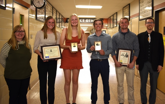 Band award recipients and presenters, from left: presenter Cathly Carlson, John Philip Sousa Band Award ($500) recipient Ashley Veronen, Patrick S. Gilmore Award ($350) recipient Grace Bany, Woody Herman Jazz Award ($100) recipient Samuel Fitterer, Louis Armstrom Jazz Award ($500) recipient Tate Gnotke, and presenter Eric Stashek.