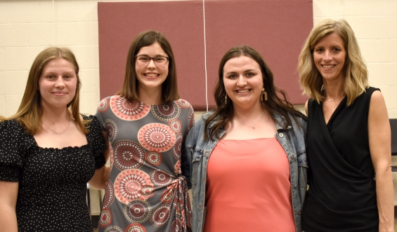 Zumbro Falls Fire Department Relief Association. Three $500 awards. From left: recipients Madison Morrisey, Emma Rabehl, and Ellie Lewison and presenter Lynette Matzke.