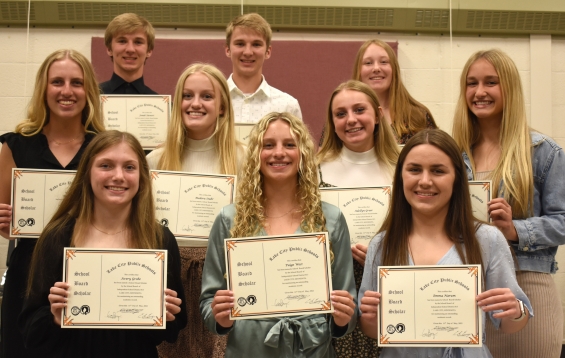 11th grade School Board Scholars are Brooke Bee, Macey Beltz, Emma Berge, Adellyn Greer, Avery Grobe, John Harms, Emma Narum, Kloey Sanderson, Jonah Siewert, Joshua Siewert, Medora Stuhr, and Paige West.