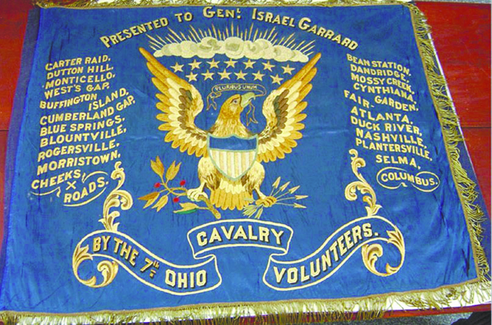 A flag presented to Gen. Israel Garrard of Frontenac by the 7th Ohio Cavalry Volunteers. The volunteers were a cavalry troop he raised himself and equipped at his own expense to fight in the Civil War, according to Minnesota History Magazine.
-Photo submitted by Bill Flies