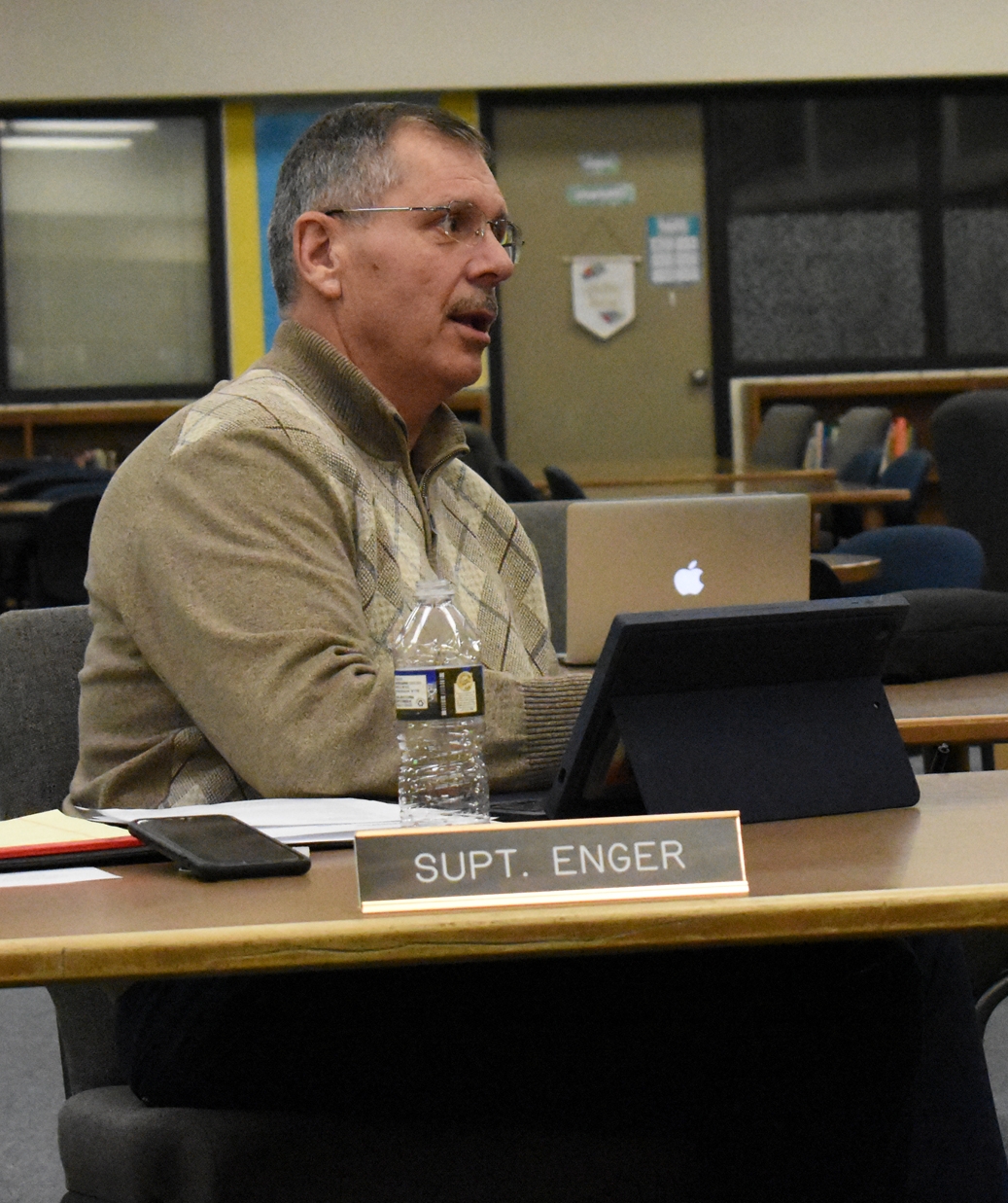 Supt. Erick Enger speaks during the March 16 Lake City School Board meeting at Lincoln High School.