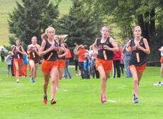 The three top runners for the Tiger girls at the Crazy Buffalo Sept. 7 in La Crescent were McKenna Beltz (left, seventh), Phebe Nelson (center, fifth) and Liv Kozlowski (sixth). The girls finished first as a team.