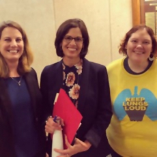 Pam Fontem (right) with Ellie Beaver (left), staff from ACS CAN and Rep. Barb Haley.